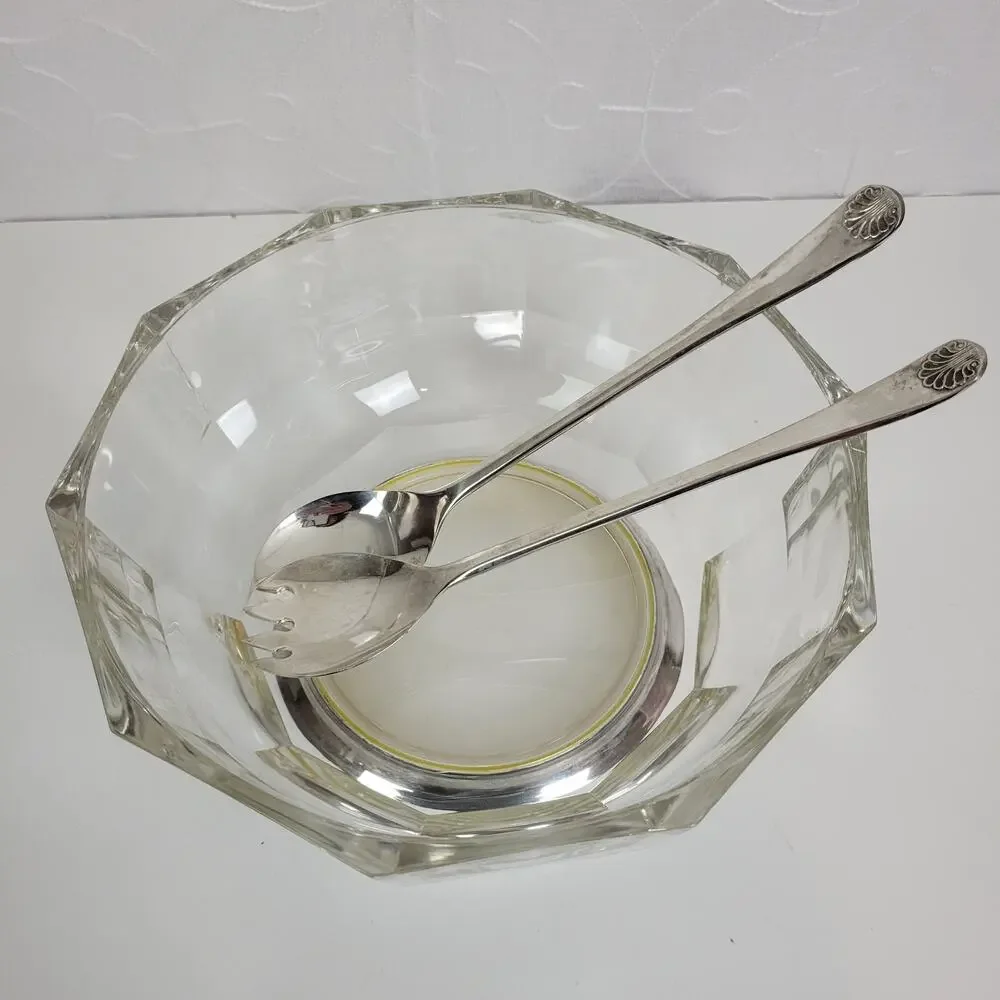 W.A. Italy Glass Bowl Set Silver Plated Spoon and Fork Home Kitchen